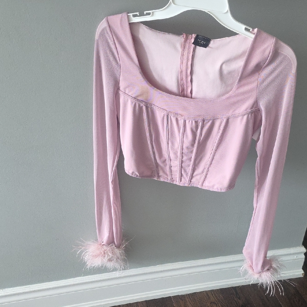 Pink Embellished Crop Corset Blouse with Long Sleeves